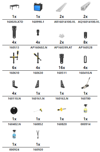 1x 160020.X7D 1x 160990.1 2x AR16014100.VL 2x AQ16014100.VL 4x 160513 4x AP160602.N 2x AP160399.AT 8x AP160528 6x 160610 4x 160630 16x 160511 4x 160410.N 4x 160110.N 1x 160161.N 1x 160163.N 1x 160780 1x 160402.N 1x 160852 1x 160820 1x 000914 1x 000924 1x 160920
