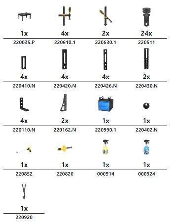 1x 220035.P 4x 220610.1 2x 220630.1 24x 220511 4x 220410.N 4x 220420.N 4x 220426.N 2x 220430.N 4x 220110.N 2x 220162.N 1x 220990.1 1x 220402.N 1x 220852 1x 220820 1x 000914 1x 000924 1x 220920